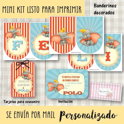 Mini Kit Imprimible Dumbo Mod.1 Cumpleaños Circo Vintage
