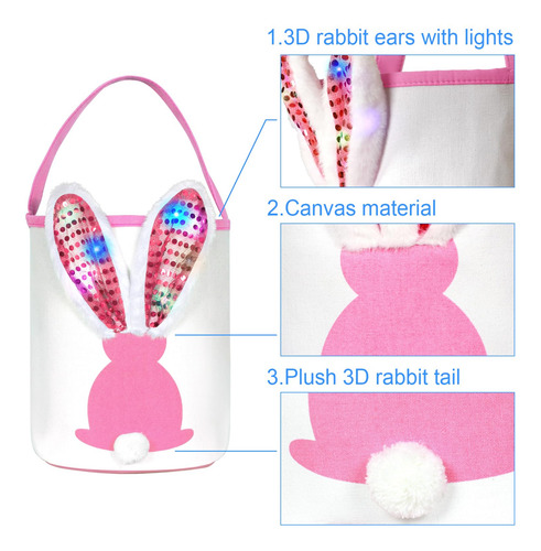 Cesta De Conejo De Pascua Grande Con Luces Rosa