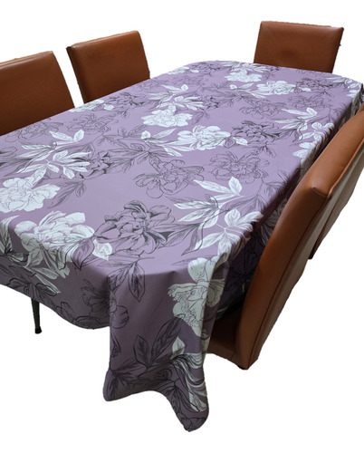 Mantel Mesa Rectangular 1.4x3.5 Impermeable Cuerina Afelpada Flores Violeta