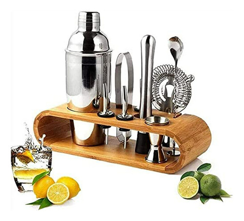 Set Barman  Con Soporte Bambú, Coctelera Y 10 Utensilios Ac