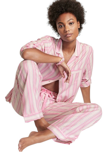 Pijama Rosa Rayado Lurex Plata + Colita S Victoria's Secret