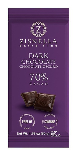 Imagen 2 de 2 de Zisnella Chocolate Oscuro 70% Cacao, 12 Unid De 50gr