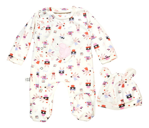 Enteritos De Algodón Para Bebé Unisex Con Gorrito. Bubujitas Crema 4 Kg A 6 Kg Conejitos Rosas