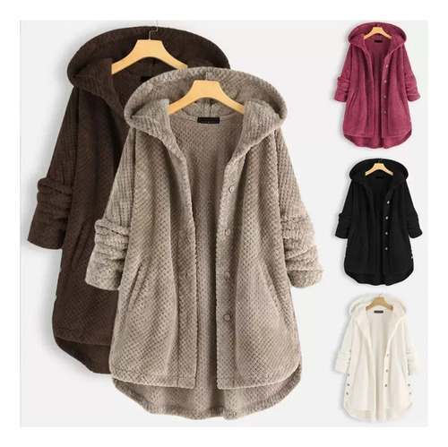 Chaqueta Con Capucha Felpa Con Botones De Talla Grande Mujer