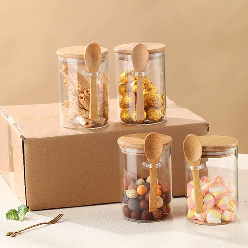 Juego De 4 Tarros De Cristal Con Tapas De Bambú Y Cuchara Pa