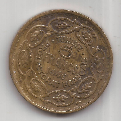 Tunez 5 Francos 1946 Antigua Moneda (Usado)