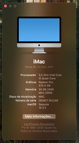 iMac 5k 27 Retina Macos 15 Sequoia + Windows10 1tb Ssd (Usado)
