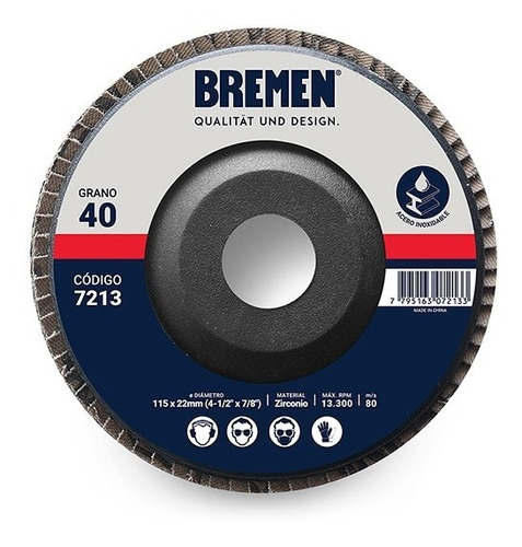 Disco Flap Zirconio 4 1/2'' 115mm G80 X 10 U. Bremen® 7215