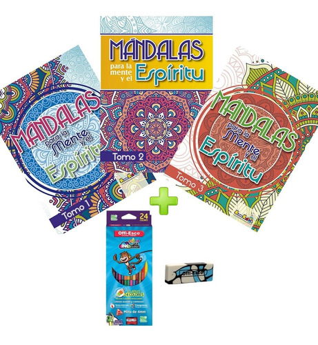 Tres Libros De Mandalas + Colores + Sacapuntas + Borrador