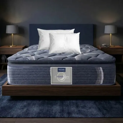 Colchón Restonic Matrimonial De Alta Densidad Anti Estrés Gris Oscuro Con Almohadas