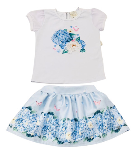 Conjunto Infantil Menina Saia E Blusa Flores Azul 2 Peças