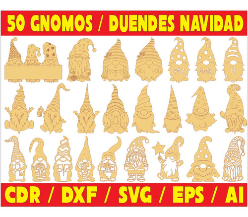 Pack Vectores Corte Laser - Figuras Gnomos Duendes Navidad