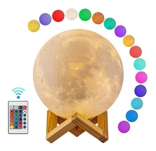 Velador Luna 10 Cm Rgb Usb Control Remoto Con Base De Madera