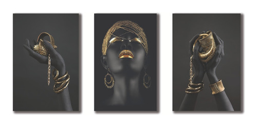 Cuadros Decorativos Set De 3 Pzs Africanas En Dorado 60x90cm