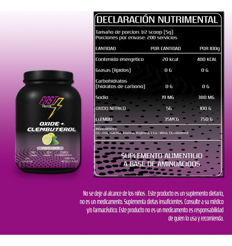 Óxido Nítrico + Clembuterol Fast Suplement 1kg 200 Serv Limón