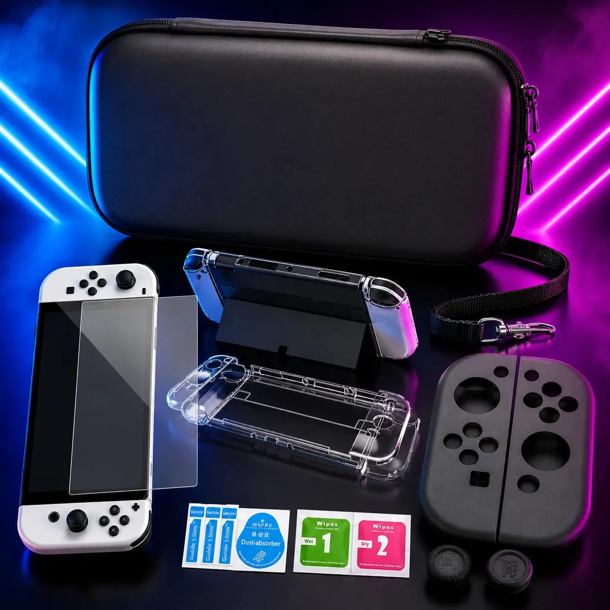 Kit Case Com Película E Grips Para Nintendo Switch Oled Capa Cor Preto
