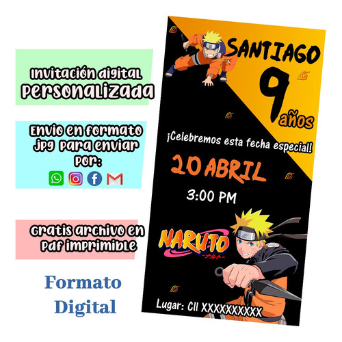 Tarjeta Invitación Digital Anime  - Anya, Naruto, Pikachu