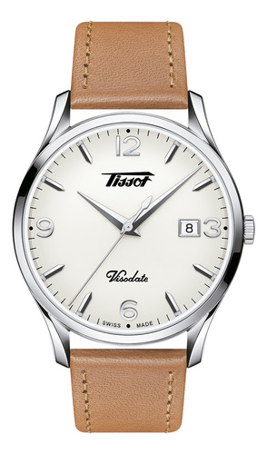 Reloj pulsera Tissot T118.410.16.277.00 con correa de cuero color marrón - fondo blanco - bisel plateado