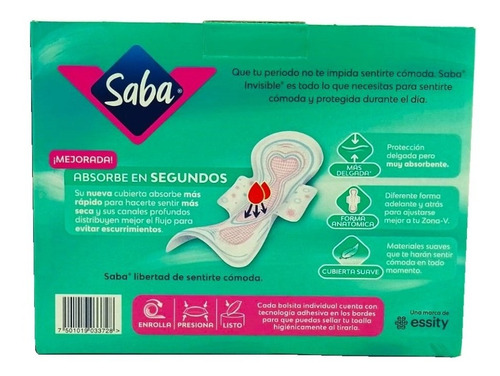 Toallas Sanitarias Saba Invisible Buenos Dias C/ Alas 60 Pzs