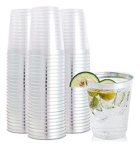 100 Pack Silver Rimmed Plastic Cups 10oz Clear Plastic ..