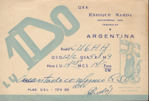 Tarjeta Qsl - De Lu1do A Lu6ha (circa 1947)