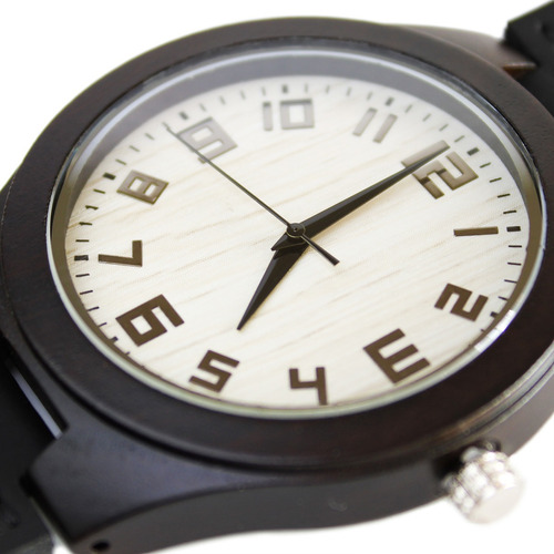 Imagen 3 de 10 de Reloj Madera Correa Cuero Negro Marcadores Numéricos