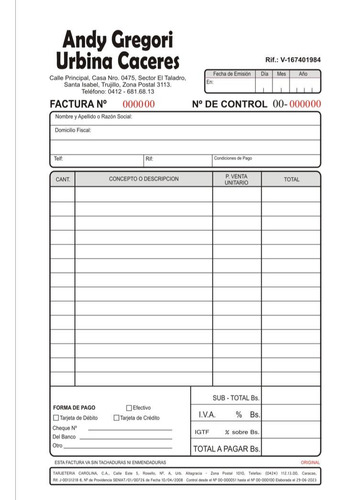 Talónarios Media Carta ( Formato Legal Seniat )