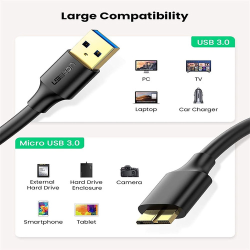 Imagen 2 de 6 de Cable Usb A Micro Usb 3.0 Ugreen Para Disco Duro Externo .5m