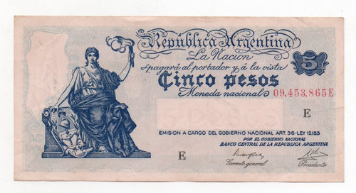 Billete 5 Pesos Moneda Nacional Progreso Bottero 1856 Ex+