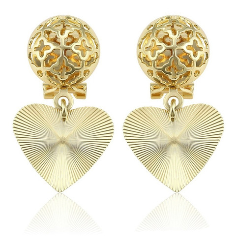 Aretes Corazón Oro 14k Lam Colgante Grecas Labrado Moda Dama