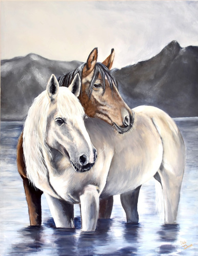 Cuadro  Caballos En El Lago  90 X 120 Cm