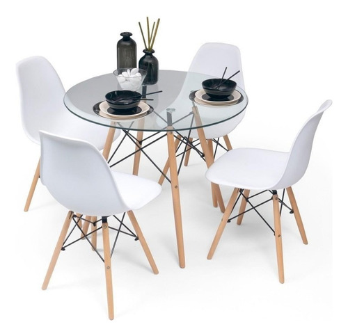 Combo Mesa Eames 120 Vidrio Madera + 4 Sillas- Alto Impacto