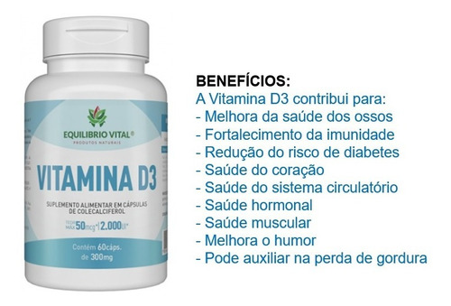 Vitamina D3 60 Cápsulas 300mg Equilibrio Vital Sem sabor