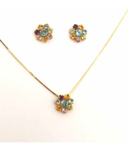 Conjunto Brincos E Gargantilha Flor Colorida Em Ouro 18k