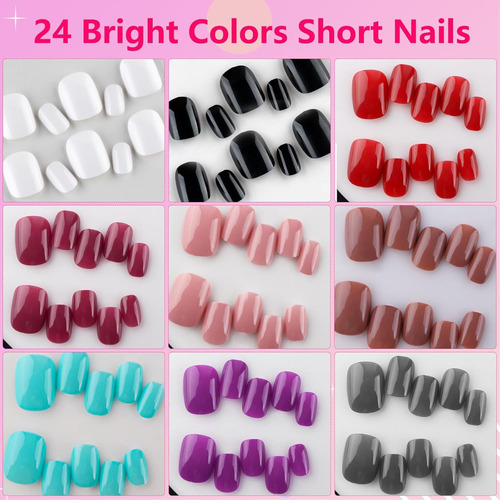 Addfavor 576 Uñas Postizas Cortas A Presión De 24 Colores, U