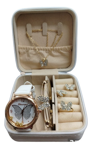 Conjunto 5 Piezas+joyero(reloj,brazalete,anillo,aros,collas)