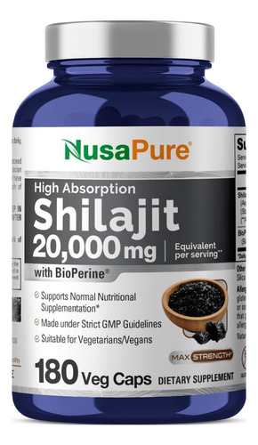 Nusapure Shilajit 20,000 Mg. 180 Cápsulas. Sin Omg Y Gluten.