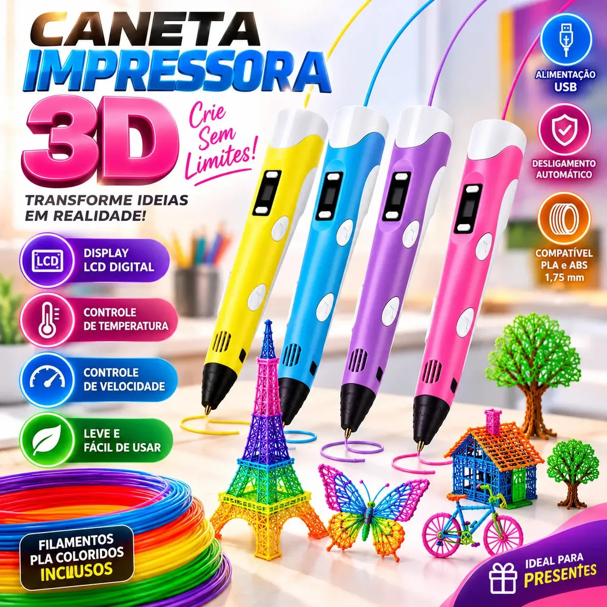 Caneta 3D Impressora Profissional Adulto e Infantil + Filamento 9m + Cabo USB Com Display LCD Desenho Criatividade
