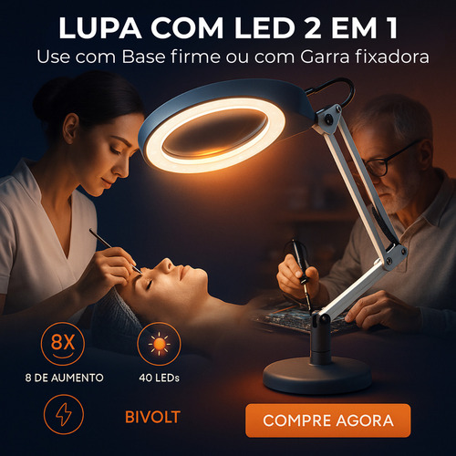 Lupa Com Led De Bancada Lente Monofocal Com Aumento De 8d