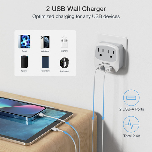 Adaptador De Enchufe De Viaje Tessan Con 2 Usb Tipo C Eu