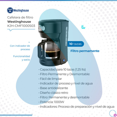 Cafetera De Filtro Westinghouse Negro Retro 1.25 Lts 1000w