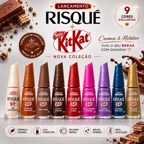 Kit Esmaltes Risqué & Kitkat 9 Cores Lançamento Original Chocolate