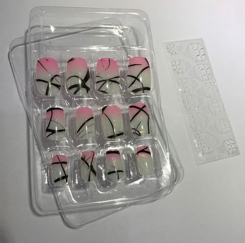 Unha Postiça Decorada Nail Style Kit C/ 2 Cor Rosa E Laranja Listras
