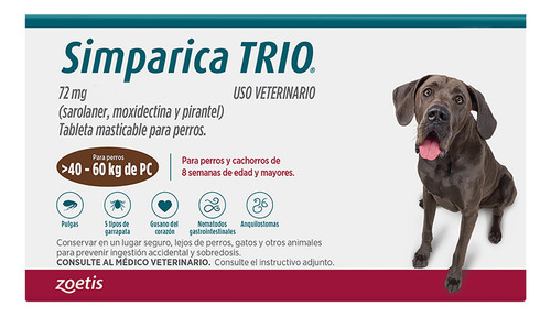 Simparica Trio Antipulgas Garrapatas Internos 40,1-60 Kg Color Blanco
