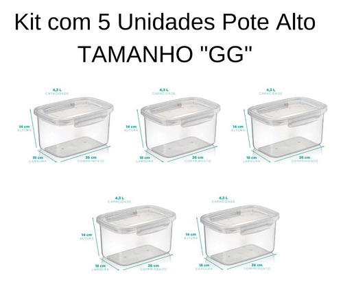 Kit Com 5 Potes Alto Com Travas 4,3 Litros Nitron Cor Transparente