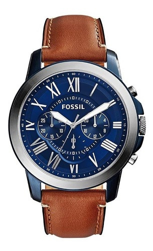 Relógio Fossil Masculino Grant Azul Fs5151/0an Couro Marrom