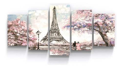 Quadros Decorativo 5 Peças Paris Árvore Rosa