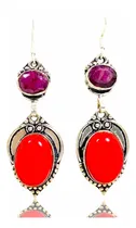 Comprar Aros Plata India Coral Rojo Cabujon Y Rubí Facetado Natural
