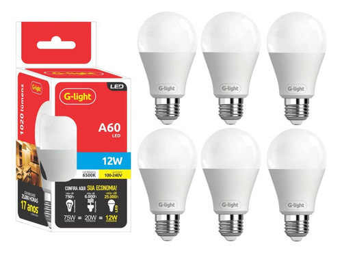 Kit 6 Lâmpada Bulbo Led 12w Cor Da Luz Branca 6500k E27