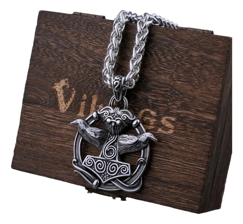 Collar Hombre Lujo Martillo Thor Cuervos Nórdico Vikings